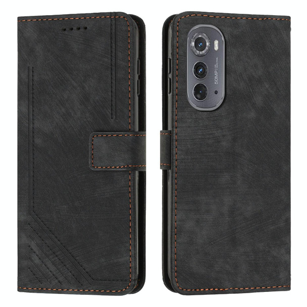 For Motorola Edge 2022 Skin Feel Stripe Pattern Leatherette Phone Case with Lanyard(Black)