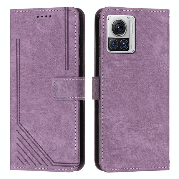 For Motorola Edge 30 Ultra / X30 Pro Skin Feel Stripe Pattern Leatherette Phone Case with Lanyard(Purple)