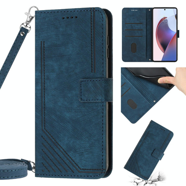 For Motorola Moto S30 Pro / Edge 30 Fusion Skin Feel Stripe Pattern Leatherette Phone Case with Lanyard(Blue)