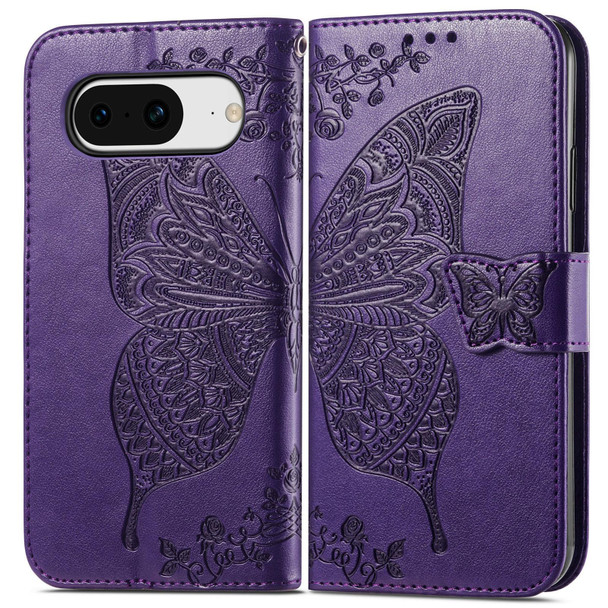 For Google Pixel 8 Butterfly Love Flower Embossed Leatherette Phone Case(Dark Purple)