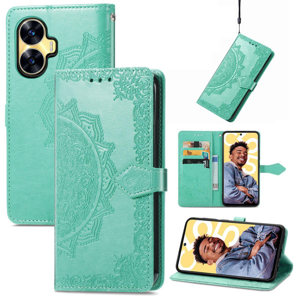 For Realme C55 Mandala Flower Embossed Leatherette Phone Case(Green)
