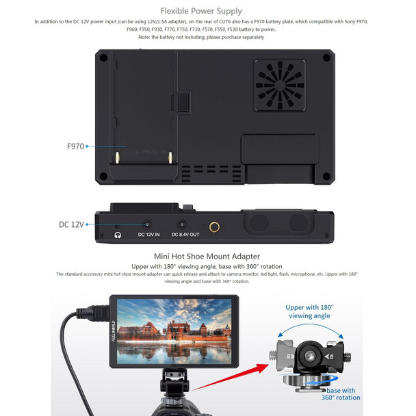 FEELWORLD CUT6 6-inch Touch Screen Monitor Recorder FHD IPS 4K HDMI Camera Field Monitor (Black)