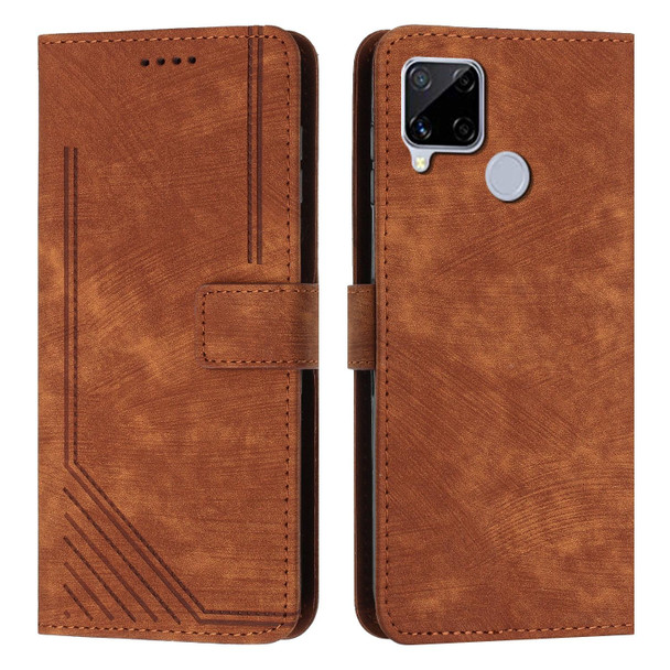 Skin Feel Stripe Pattern Leather Phone Case with Lanyard for Realme C12 / C15 / C25 / C25s / 7i Global / Narzo 20 / Narzo 30A(Brown)