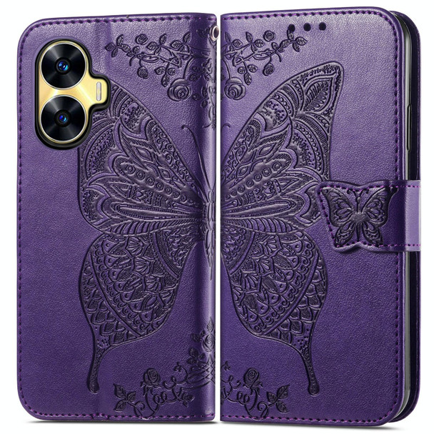 For Realme C55 Butterfly Love Flower Embossed Leatherette Phone Case(Purple)