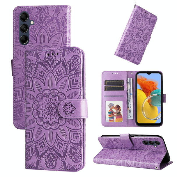 For Samsung Galaxy M14 5G Embossed Sunflower Leatherette Phone Case(Purple)