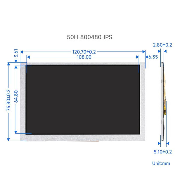 Waveshare 5 Inch DSI Display, 800  480 Pixel, IPS Display Panel, Style:No Touch