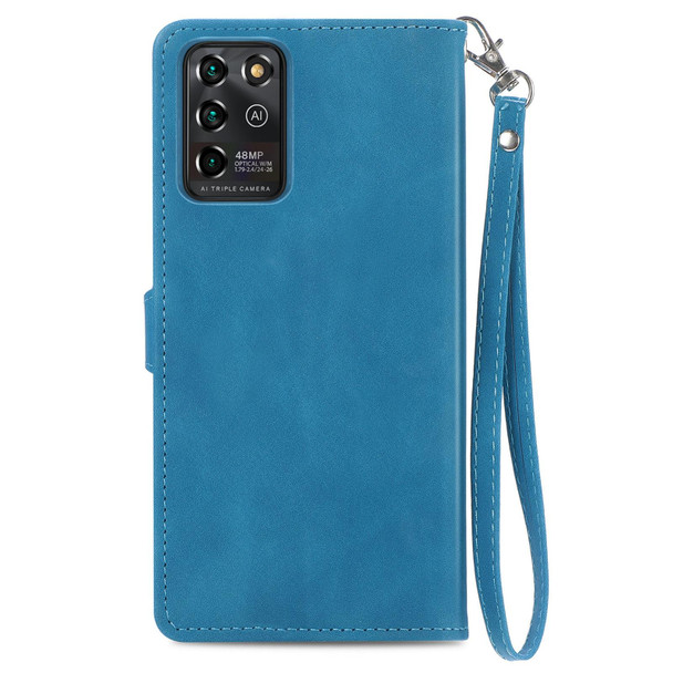 For ZTE Blade V30 Vita Embossed Flower Zipper Leather Phone Case(Blue)