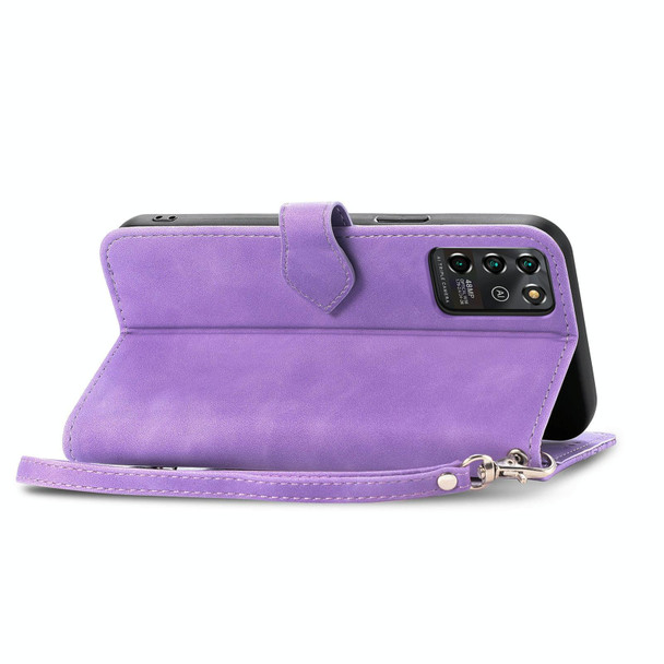 For ZTE Blade V30 Vita Embossed Flower Zipper Leather Phone Case(Purple)