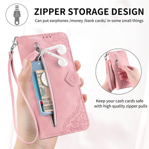 For ZTE Blade V30 Vita Embossed Flower Zipper Leather Phone Case(Pink)