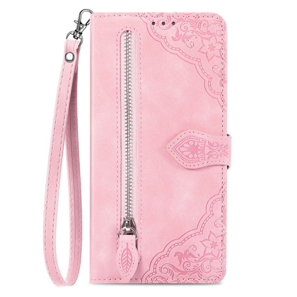 For ZTE Blade V30 Vita Embossed Flower Zipper Leather Phone Case(Pink)