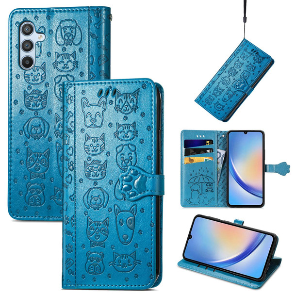 For Samsung Galaxy A34 5G Cat and Dog Embossed Phone Leatherette Phone Case(Blue)