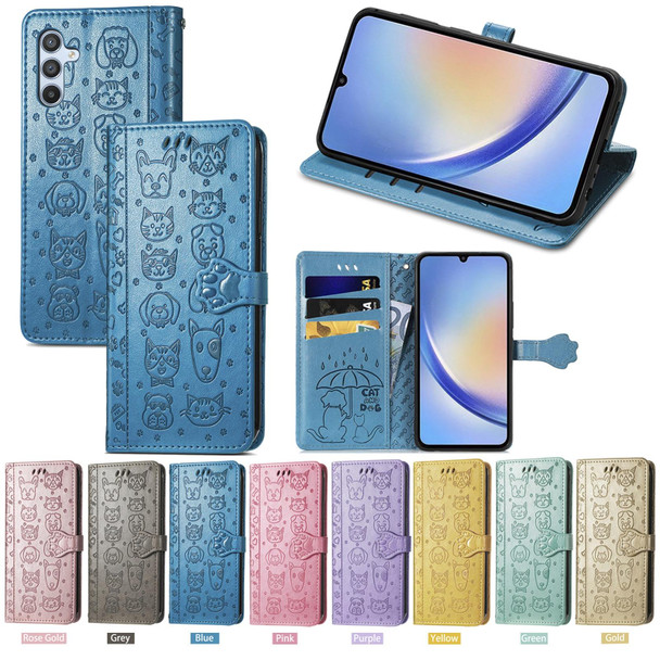 For Samsung Galaxy A34 5G Cat and Dog Embossed Phone Leatherette Phone Case(Blue)