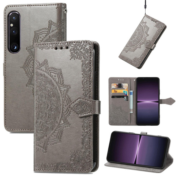 For Sony Xperia 1 IV Mandala Flower Embossed Leatherette Phone Case(Grey)