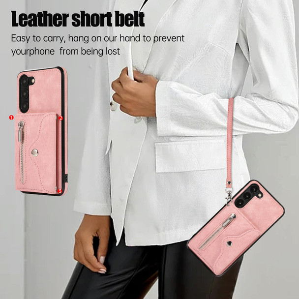 For Samsung Galaxy S21+ 5G Zipper RFID Card Slots Phone Case with Short Lanyard(Rose Gold)