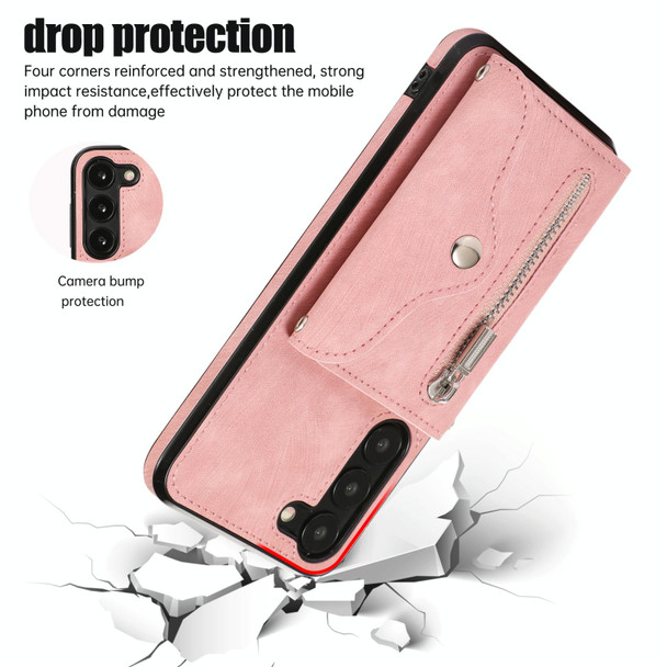 For Samsung Galaxy S21+ 5G Zipper RFID Card Slots Phone Case with Short Lanyard(Rose Gold)