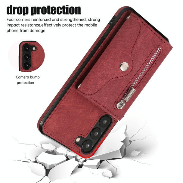 For Samsung Galaxy S21+ 5G Zipper RFID Card Slots Phone Case with Short Lanyard(Red)