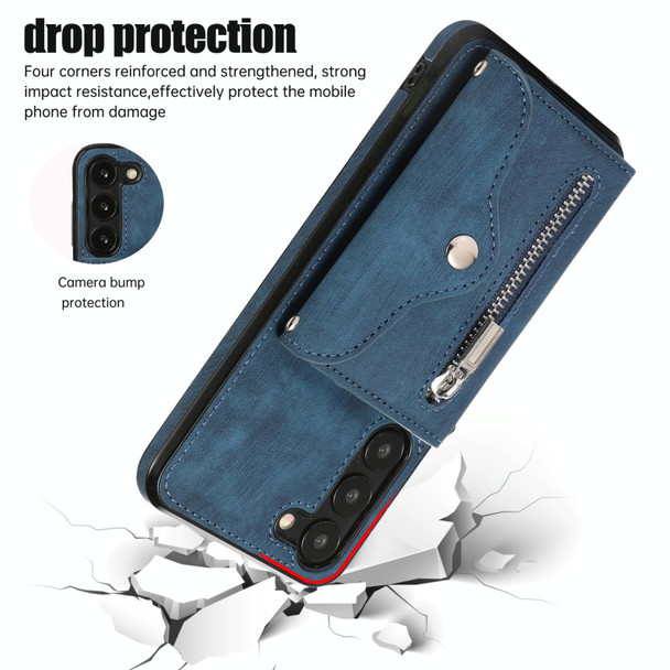 For Samsung Galaxy S21+ 5G Zipper RFID Card Slots Phone Case with Short Lanyard(Blue)