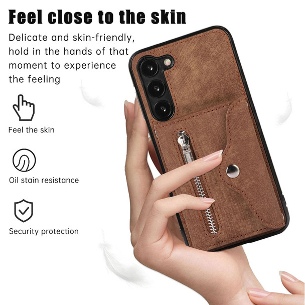 For Samsung Galaxy S21+ 5G Zipper RFID Card Slots Phone Case with Short Lanyard(Brown)