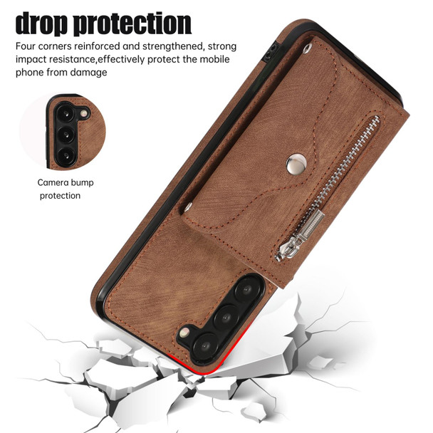 For Samsung Galaxy S21+ 5G Zipper RFID Card Slots Phone Case with Short Lanyard(Brown)