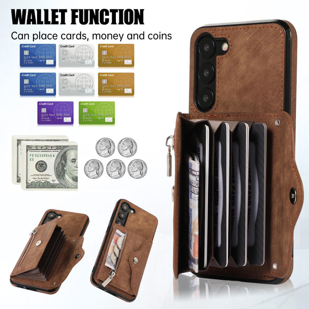 For Samsung Galaxy S21+ 5G Zipper RFID Card Slots Phone Case with Short Lanyard(Brown)