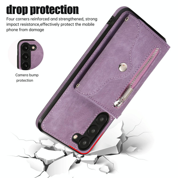 For Samsung Galaxy S21+ 5G Zipper RFID Card Slots Phone Case with Short Lanyard(Purple)