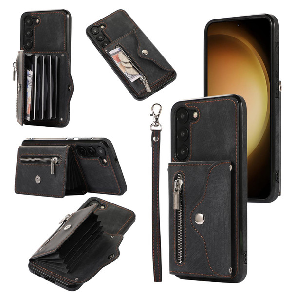 For Samsung Galaxy S21+ 5G Zipper RFID Card Slots Phone Case with Short Lanyard(Black)