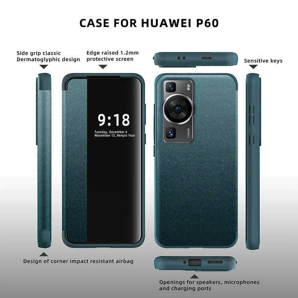 For Huawei P60 Magnetic Side Window View Leatherette Smart Phone Case(Green)