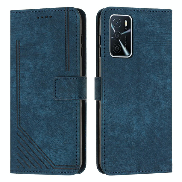 For OPPO A16 / A16s / A54s / A55 5G / A53s 5G Skin Feel Stripe Pattern Leatherette Phone Case with Lanyard(Blue)