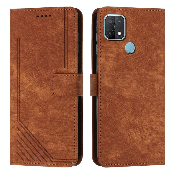 For OPPO A15 / A15s / A35 Skin Feel Stripe Pattern Leatherette Phone Case with Lanyard(Brown)