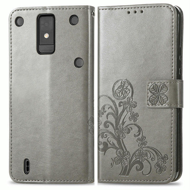 For ZTE Blade A32 Four-leaf Clasp Embossed Buckle Leather Phone Case(Gray)