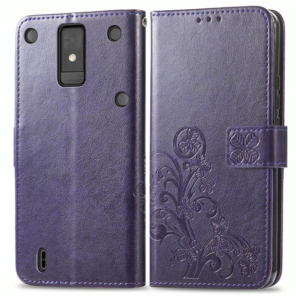 For ZTE Blade A32 Four-leaf Clasp Embossed Buckle Leather Phone Case(Purple)