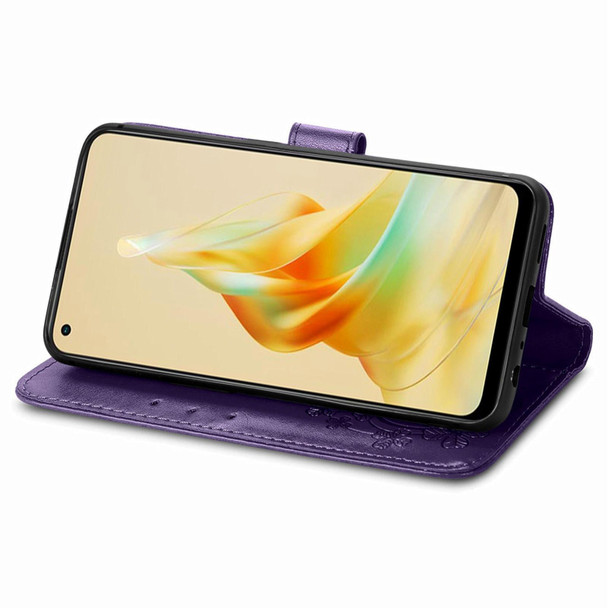 For OPPO Reno8 T 4G Four-leaf Clasp Embossed Buckle Leatherette Phone Case(Purple)