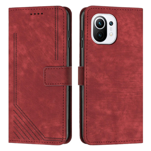 For Xiaomi Mi 11 Lite / Mi 11 Lite 5G NE Skin Feel Stripe Pattern Leather Phone Case with Lanyard(Red)