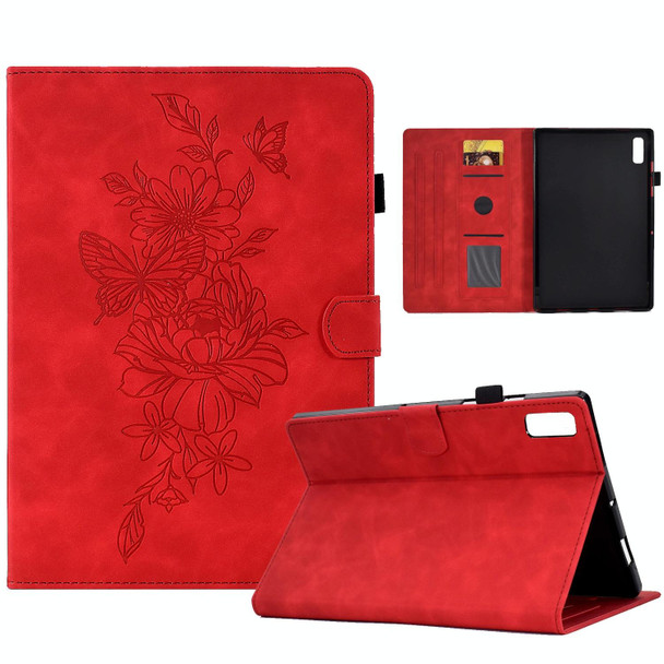 For Lenovo Tab P11 Gen 2 Peony Butterfly Embossed Leatherette Tablet Case(Red)