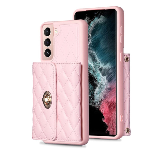 For Samsung Galaxy S21+ 5G Horizontal Metal Buckle Wallet Rhombic Leatherette Phone Case(Pink)