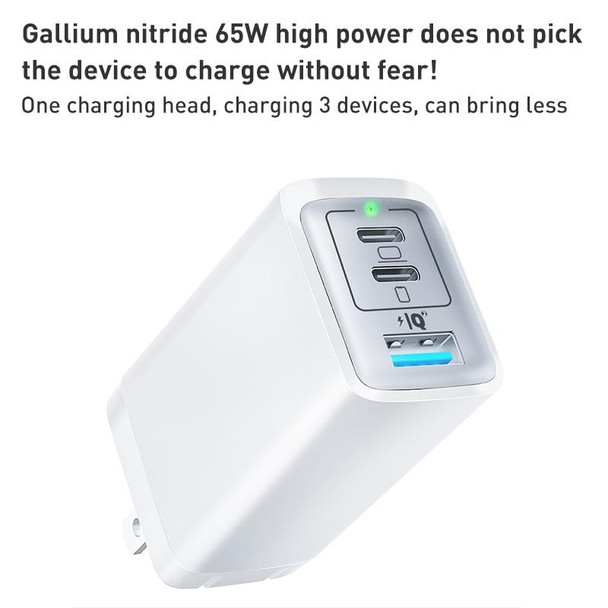 65W Dual PD USB-C / Type-C + USB 3-Port Gan Fast Charging Charger, Plug:EU Plug(White)