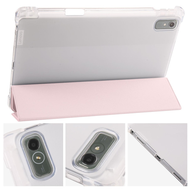 For Lenovo Pad Plus 2023 11.5 inch 3-folding Clear TPU Leatherette Tablet Case with Pen slot(Pink)