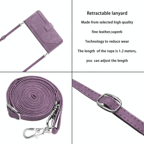 Skin Feel Stripe Pattern Leather Phone Case with Lanyard for Xiaomi Redmi Note 11E / Redmi 10 5G 2022 / Redmi 10 Prime+ 5G India / Poco M4 5G(Purple)