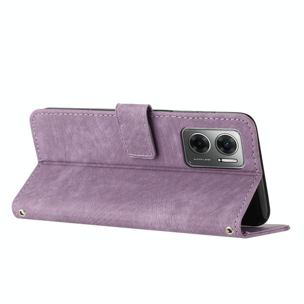 Skin Feel Stripe Pattern Leather Phone Case with Lanyard for Xiaomi Redmi Note 11E / Redmi 10 5G 2022 / Redmi 10 Prime+ 5G India / Poco M4 5G(Purple)