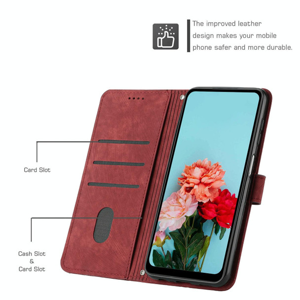 For Samsung Galaxy S20 FE Skin Feel Stripe Pattern Leatherette Phone Case with Lanyard(Red)