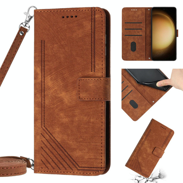 For Samsung Galaxy Note10+ Skin Feel Stripe Pattern Leatherette Phone Case with Lanyard(Brown)
