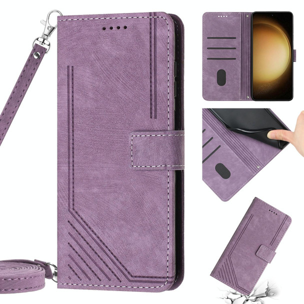 For Samsung Galaxy S10e Skin Feel Stripe Pattern Leatherette Phone Case with Lanyard(Purple)