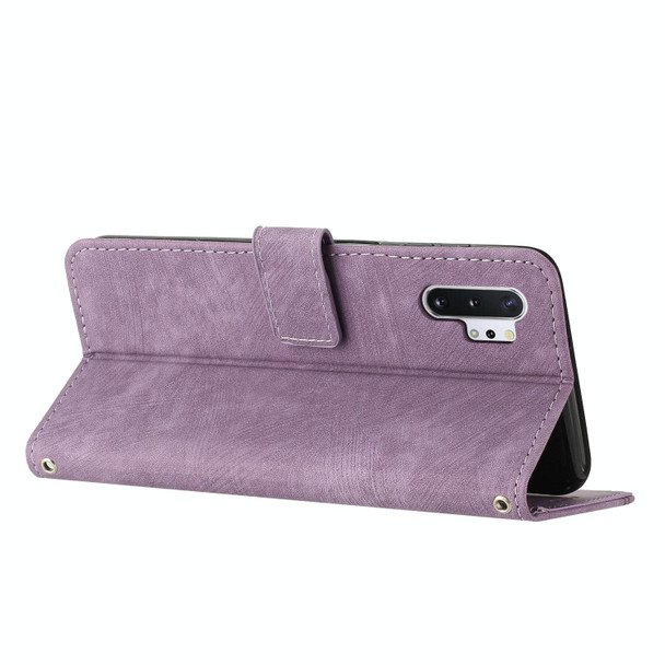 For Samsung Galaxy Note10+ Skin Feel Stripe Pattern Leatherette Phone Case with Lanyard(Purple)