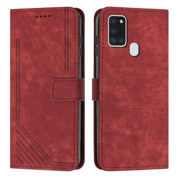 For Samsung Galaxy A21s Skin Feel Stripe Pattern Leatherette Phone Case with Lanyard(Red)