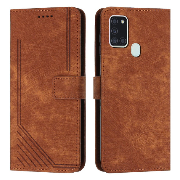 For Samsung Galaxy A21s Skin Feel Stripe Pattern Leatherette Phone Case with Lanyard(Brown)