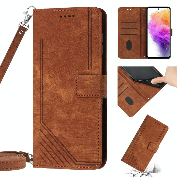 For Samsung Galaxy A24 5G Skin Feel Stripe Pattern Leatherette Phone Case with Lanyard(Brown)