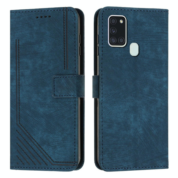 For Samsung Galaxy A21s Skin Feel Stripe Pattern Leatherette Phone Case with Lanyard(Blue)