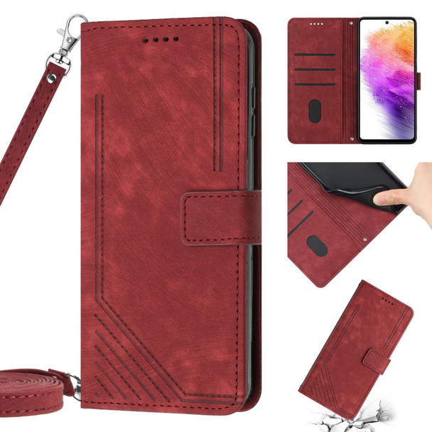 For Samsung Galaxy A24 5G Skin Feel Stripe Pattern Leatherette Phone Case with Lanyard(Red)