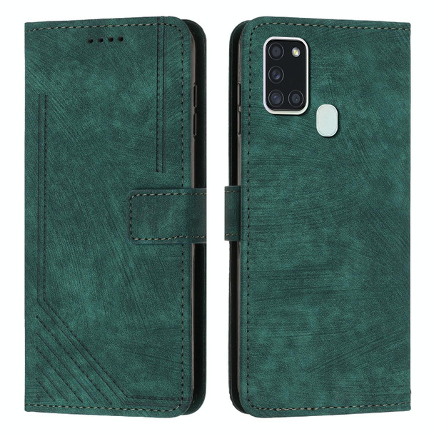 For Samsung Galaxy A21s Skin Feel Stripe Pattern Leatherette Phone Case with Lanyard(Green)