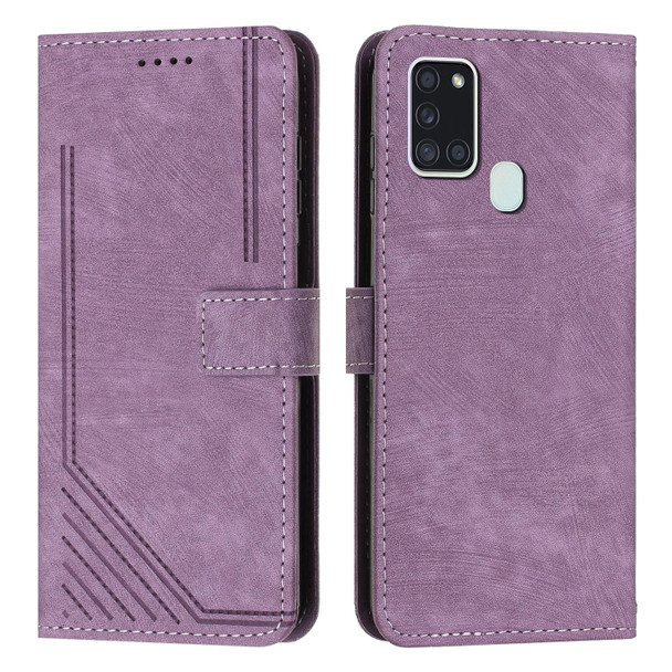 For Samsung Galaxy A21s Skin Feel Stripe Pattern Leatherette Phone Case with Lanyard(Purple)